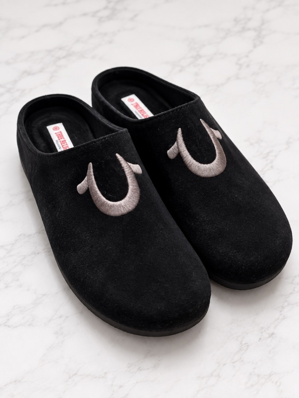 True Religion Mens Clogs Size 10 Black Faux Suede Embroidered Horseshoe NWOB